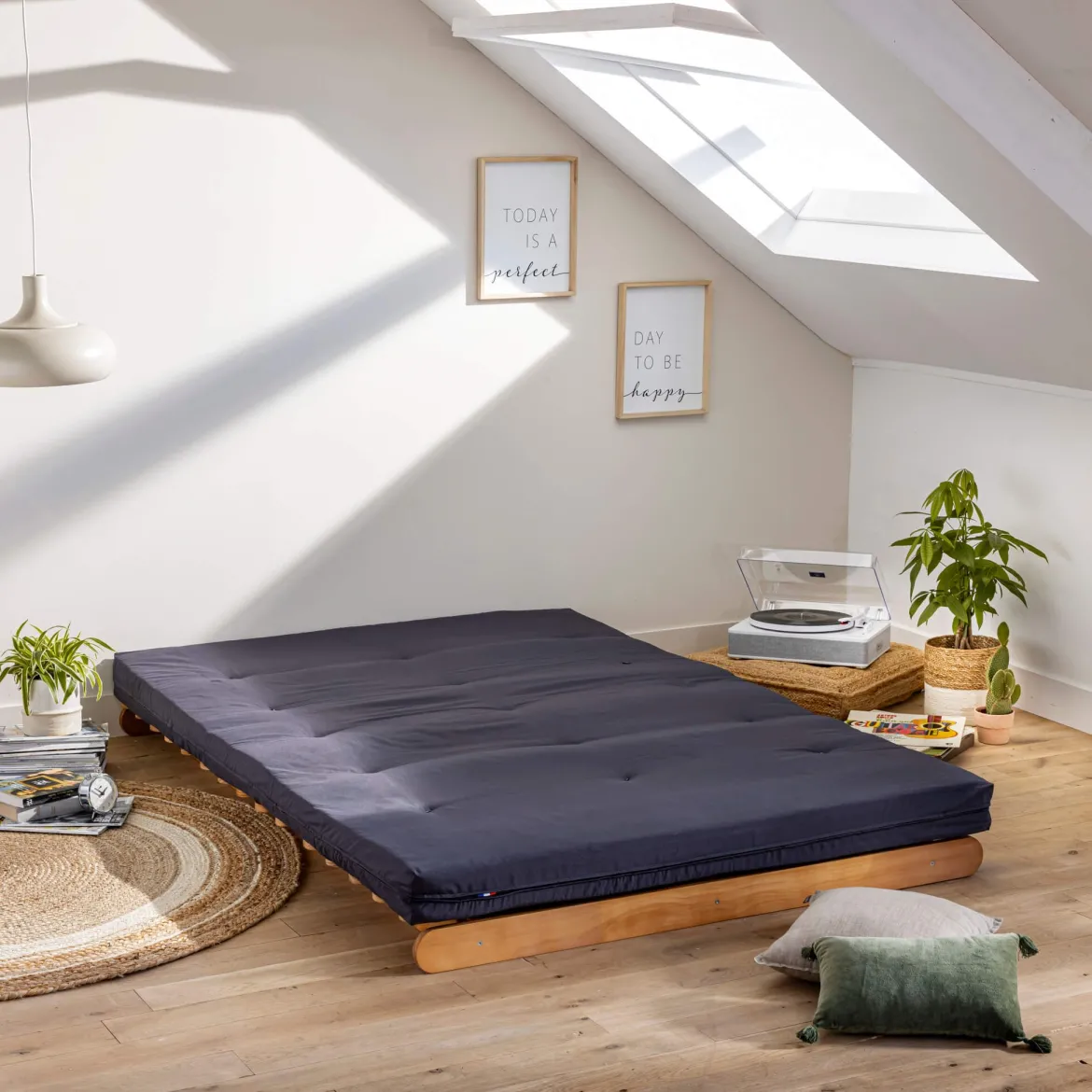 Ensemble matelas futon en coton et structure en bois massif naturel