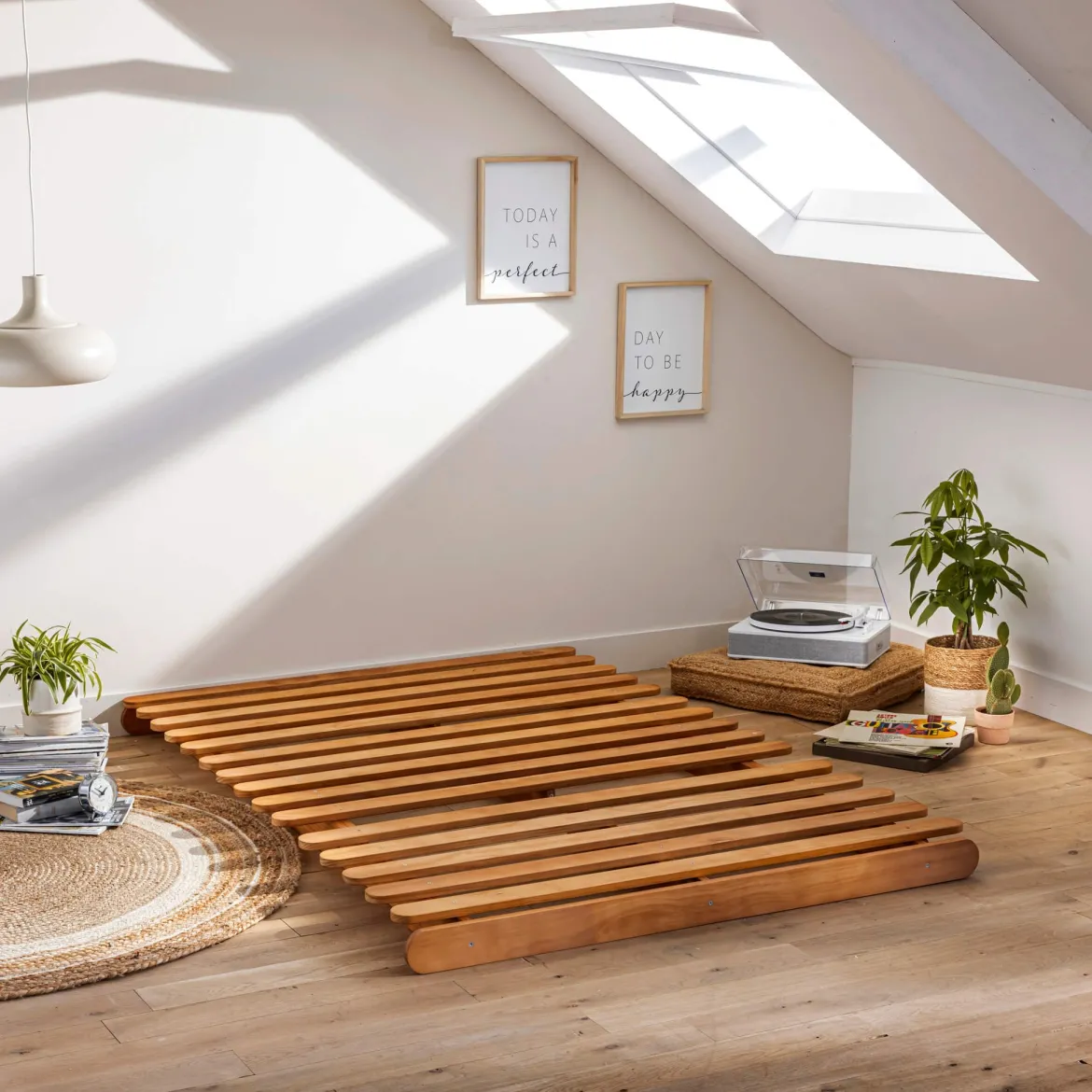 Ensemble matelas futon en coton et structure en bois massif naturel