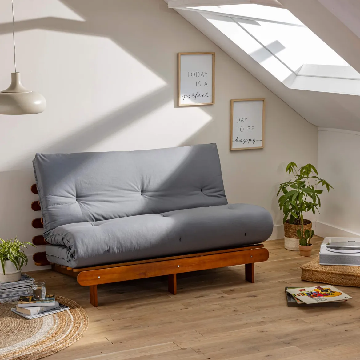 Ensemble matelas futon en coton et structure en bois massif noisette
