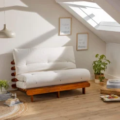 Ensemble matelas futon en coton et structure en bois massif noisette