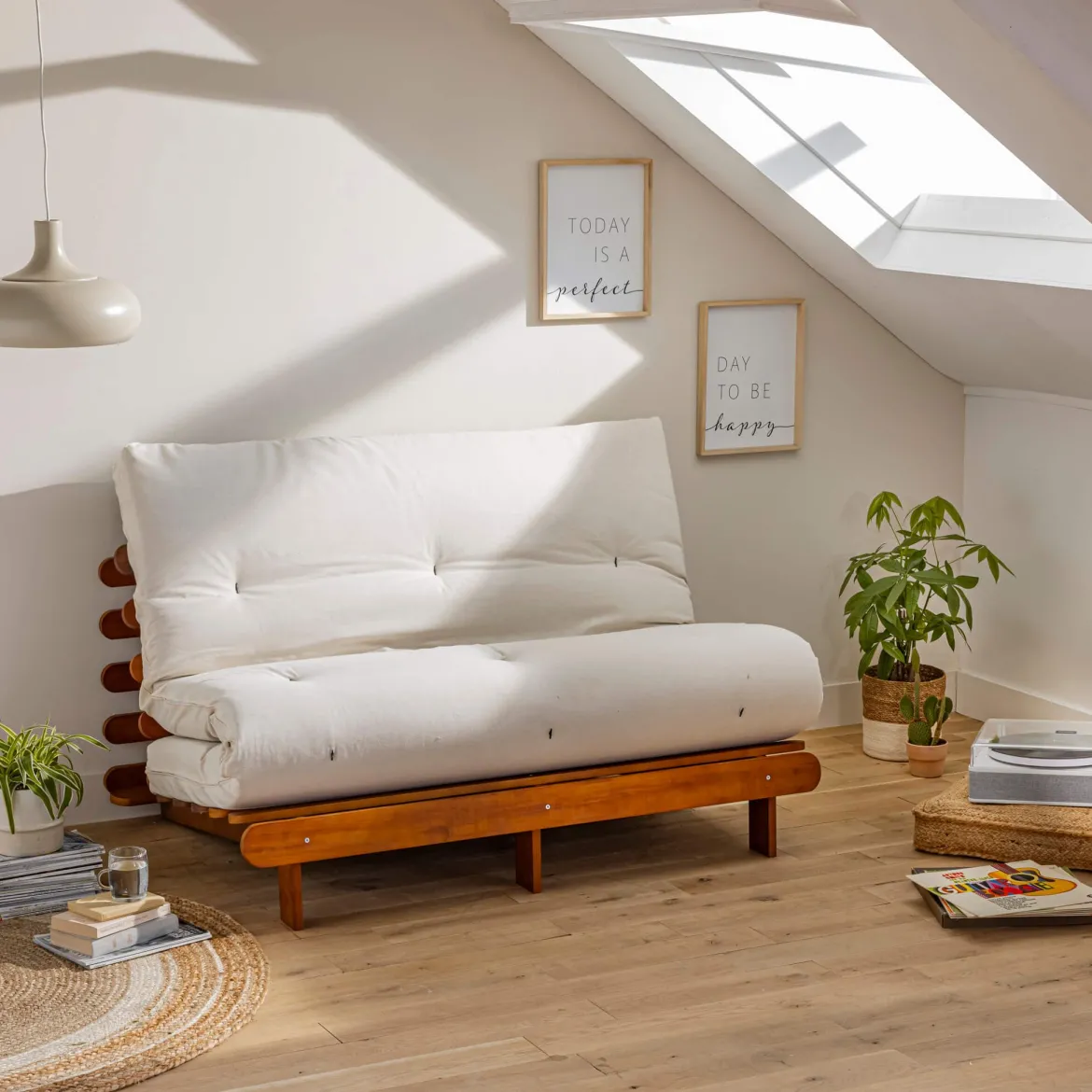 Ensemble matelas futon en coton et structure en bois massif noisette