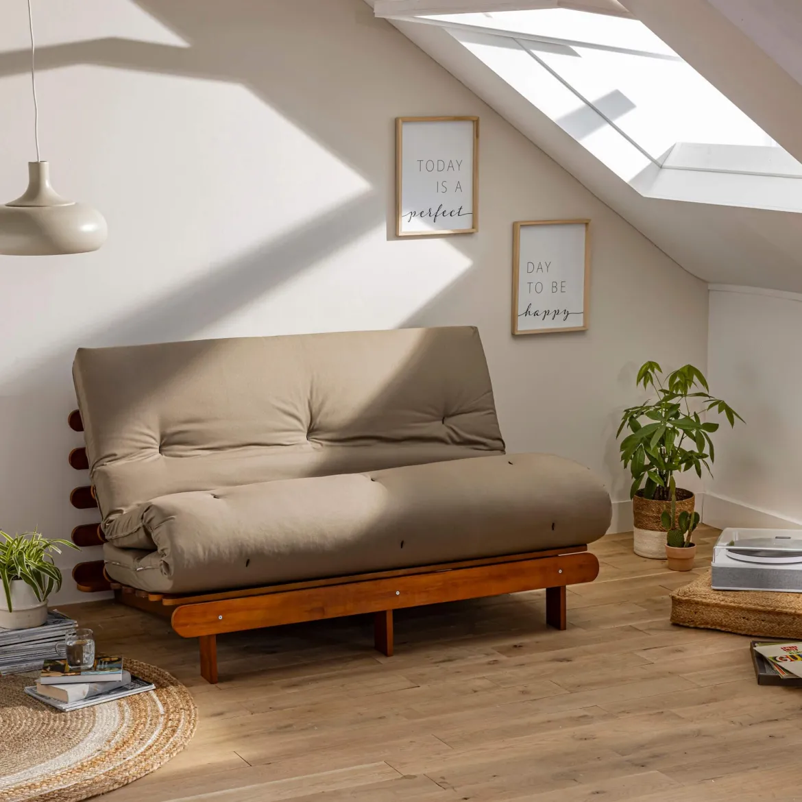 Ensemble matelas futon en coton et structure en bois massif noisette