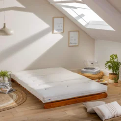 Ensemble matelas futon en coton et structure en bois massif noisette