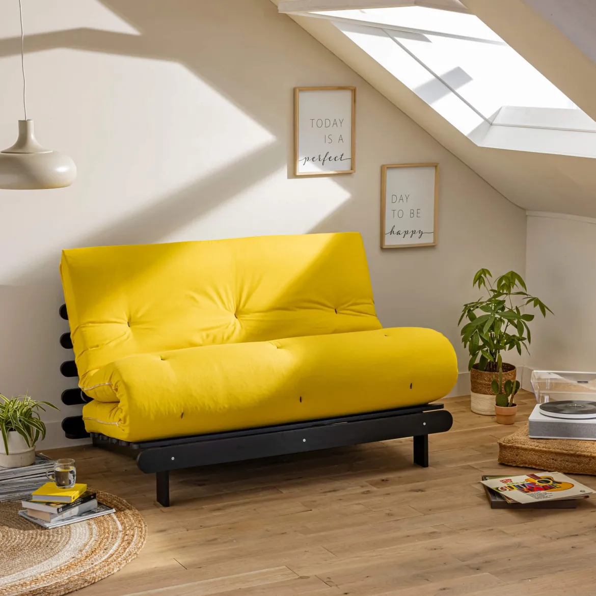 Ensemble matelas futon en coton et structure en bois massif noir