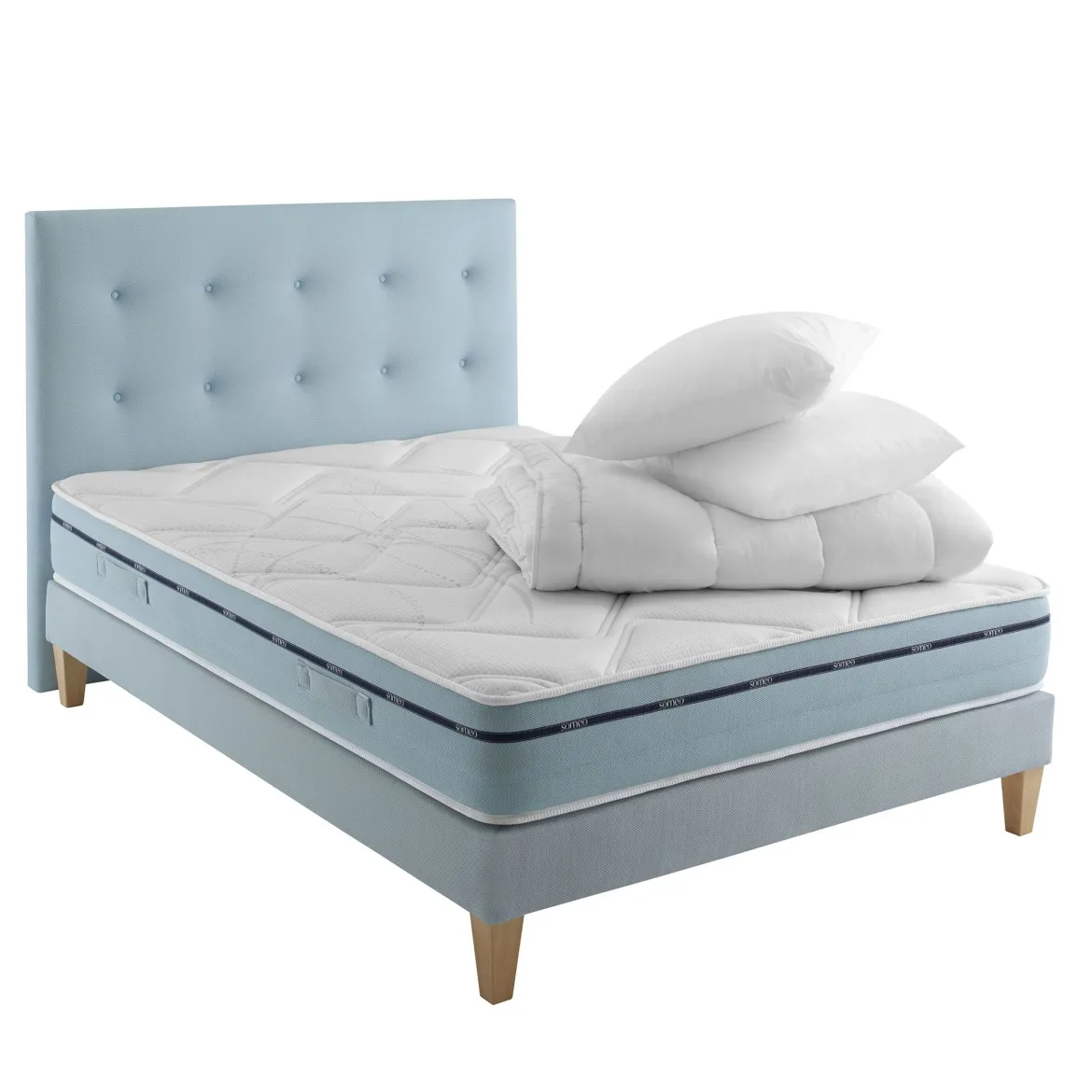 Ensemble matelas mémoire de forme, sommier, pieds, tête de lit, couette et oreiller Songe 500 - SOMEO