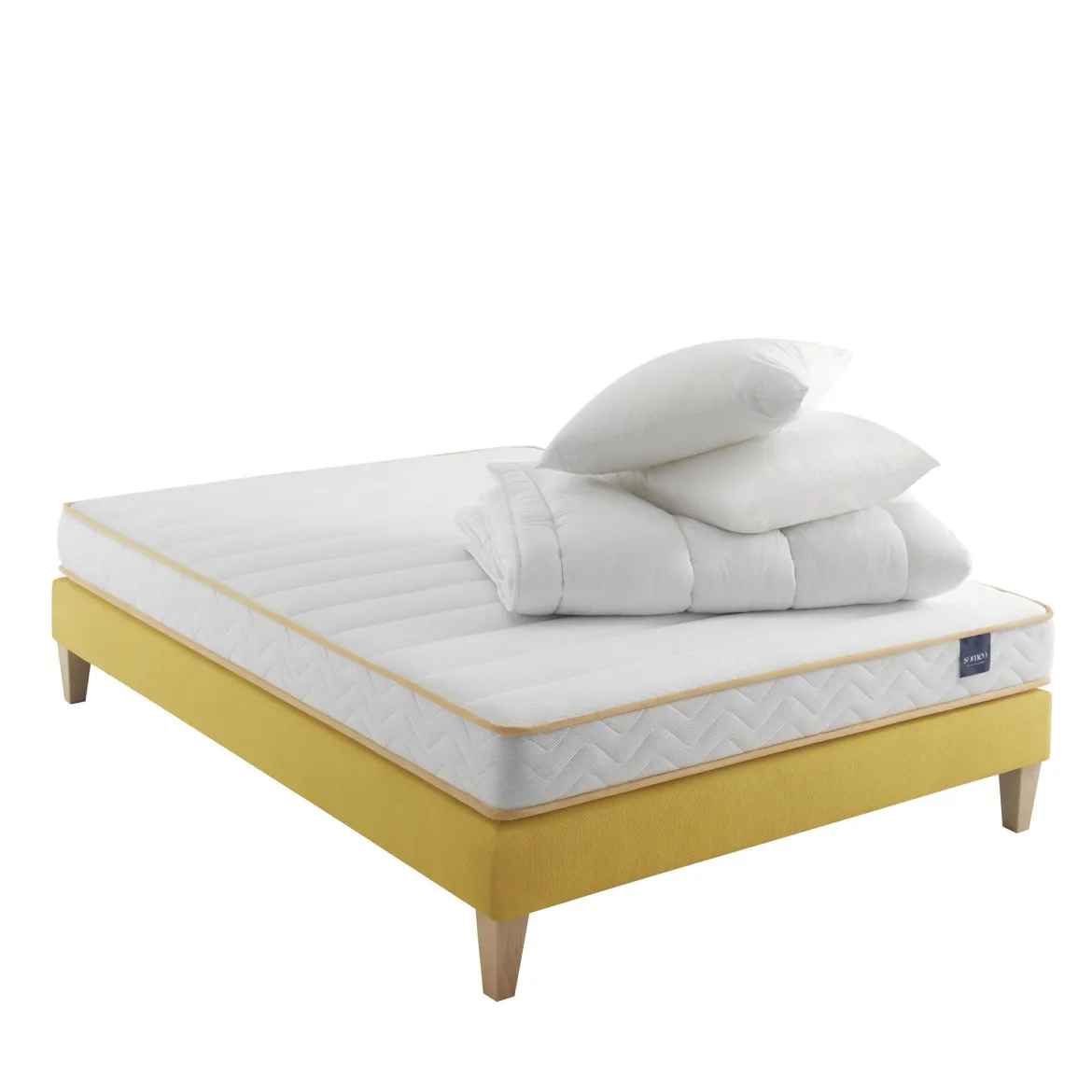 Ensemble matelas mousse, sommier, pieds, couette et oreiller Aurore 300 - SOMEO