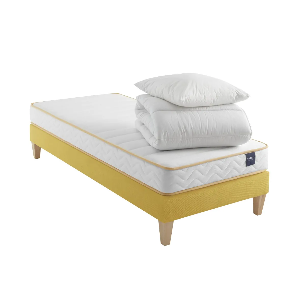 Ensemble matelas mousse, sommier, pieds, couette et oreiller Aurore 300 - SOMEO