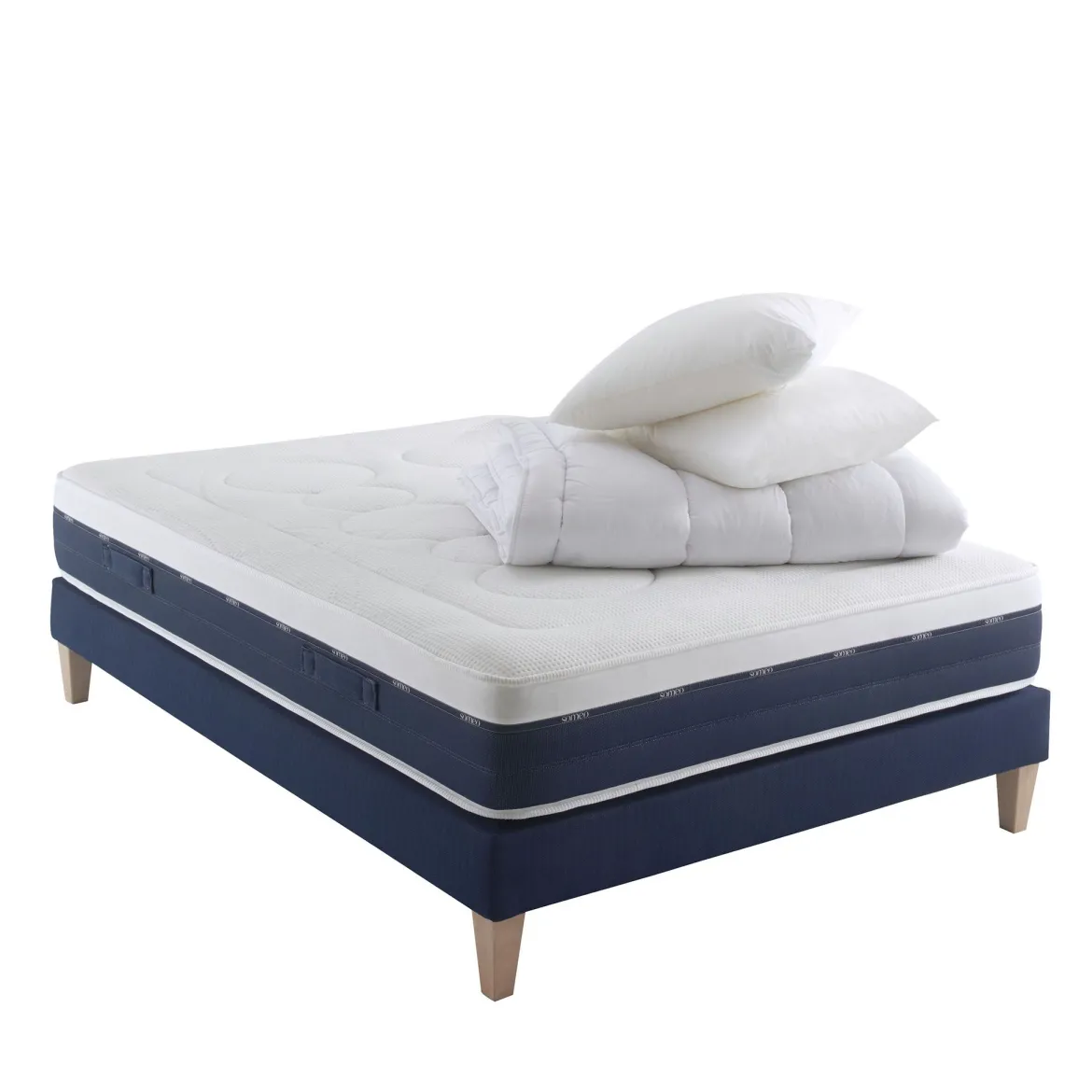 Ensemble matelas ressorts et mémoire de forme, sommier, pieds, couette et oreiller Rêve 600 - SOMEO