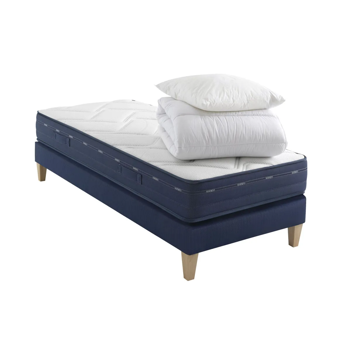 Ensemble matelas ressorts et mémoire de forme, sommier, pieds, couette et oreiller Rêve 500 - SOMEO