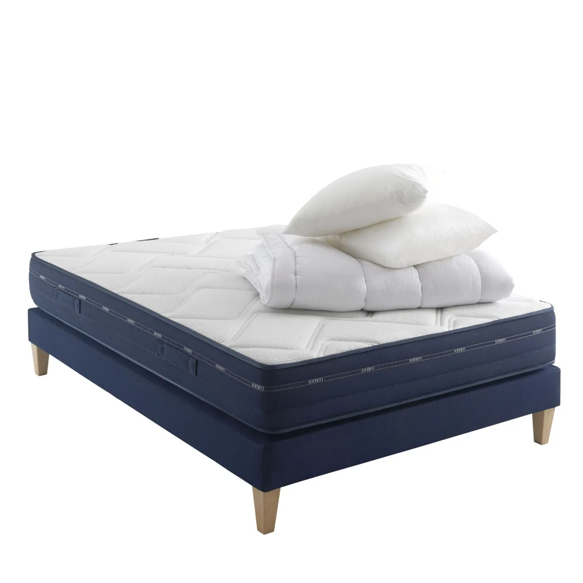 Ensemble matelas ressorts et mémoire de forme, sommier, pieds, couette et oreiller Rêve 500 - SOMEO