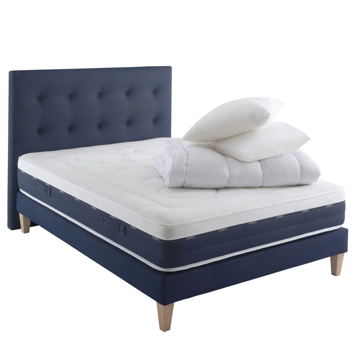 Ensemble matelas ressorts et mémoire de forme, sommier, pieds, tête de lit, couette et oreiller Rêve 600 - SOMEO