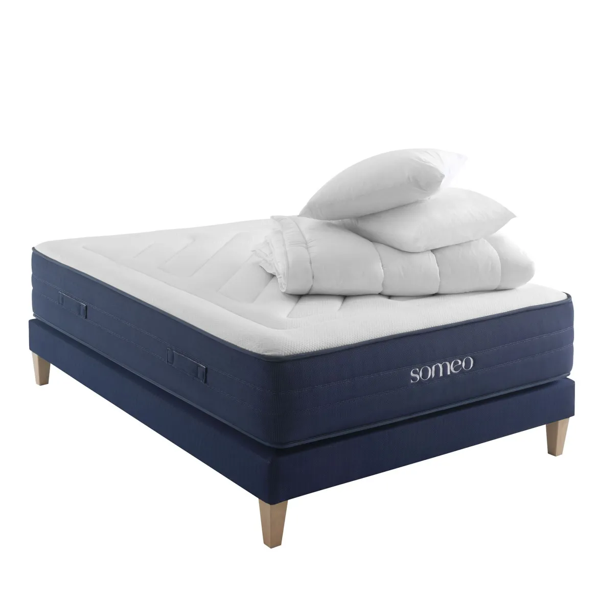 Ensemble matelas ressorts, latex et mémoire de forme, sommier, pieds, couette et oreiller Rêve 700 - SOMEO