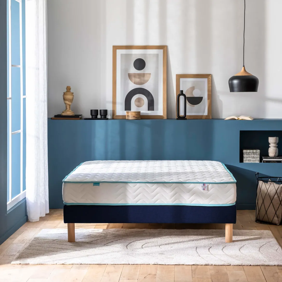 Ensemble sommier et matelas ressorts ensachés ferme Merinos Enjoy Bleu