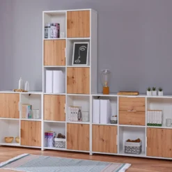 Etagère 4 cases en bois avec 2 portes battantes - ET12115