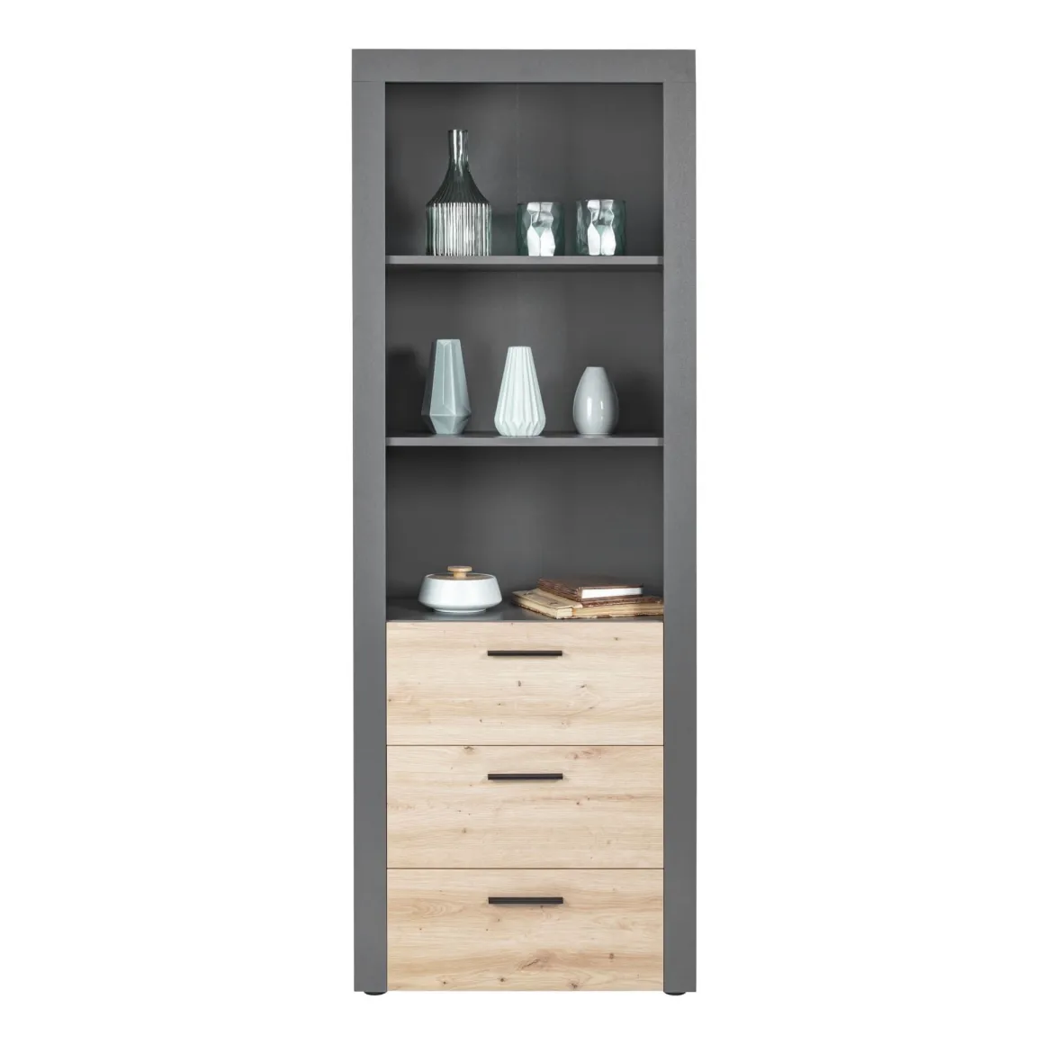 Etagère 3 niches en bois anthracite avec 3 tiroirs chêne artisan - ET12117