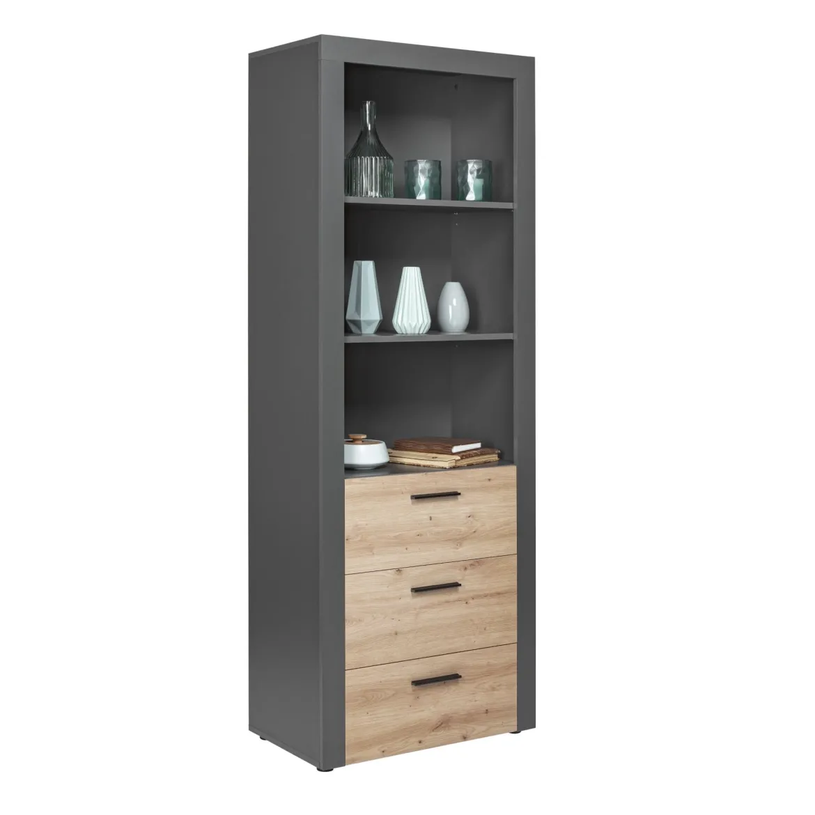 Etagère 3 niches en bois anthracite avec 3 tiroirs chêne artisan - ET12117