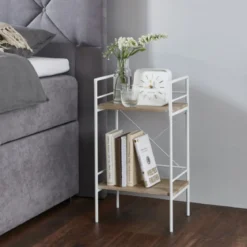Etagère 2 plateaux en bois imitation chêne clair et blanc laqué - ET15006