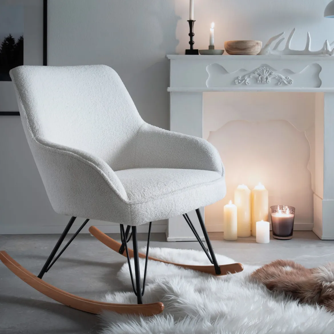 Fauteuil bouclette rocking chair avec pieds en hêtre - FA16024