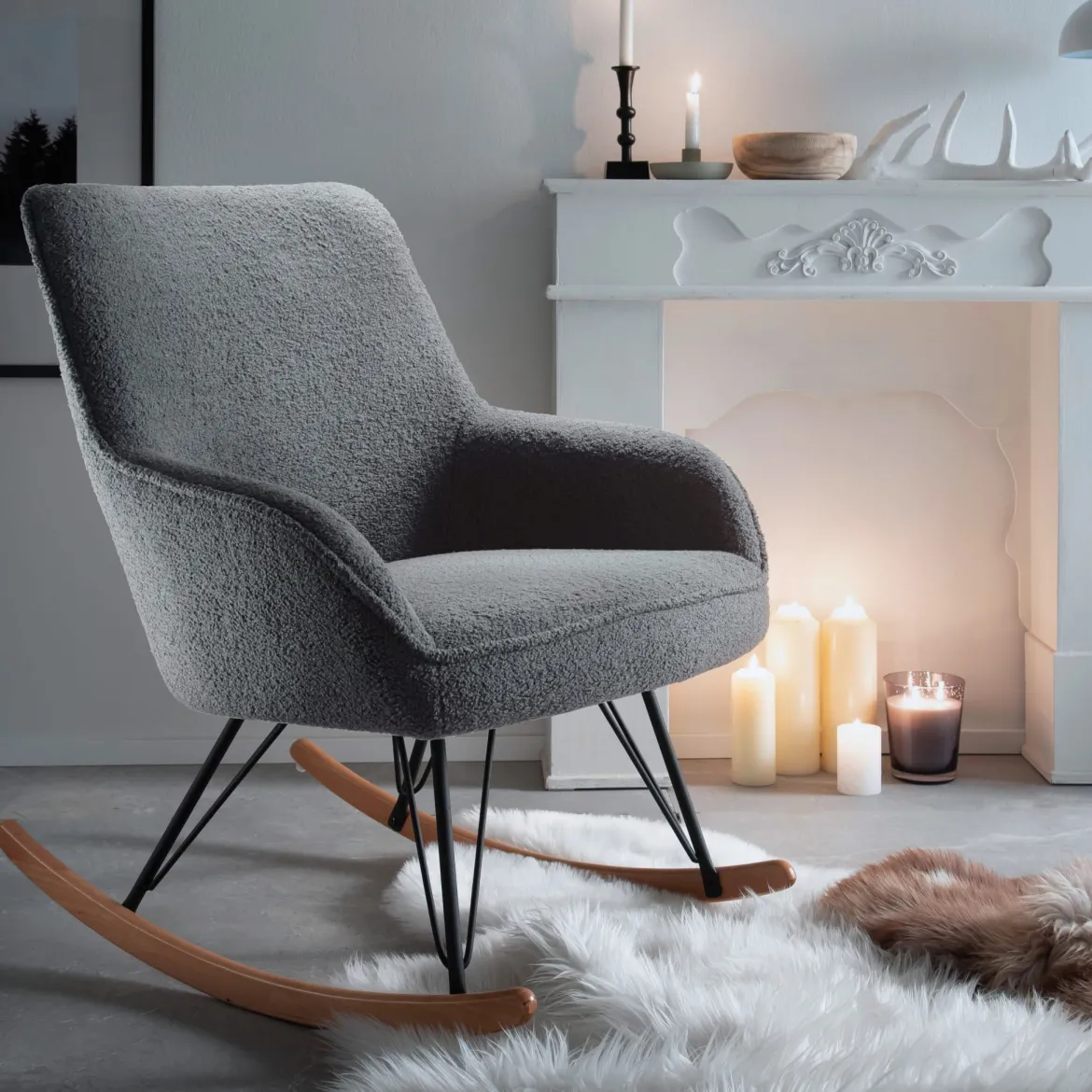Fauteuil bouclette rocking chair avec pieds en hêtre - FA16024