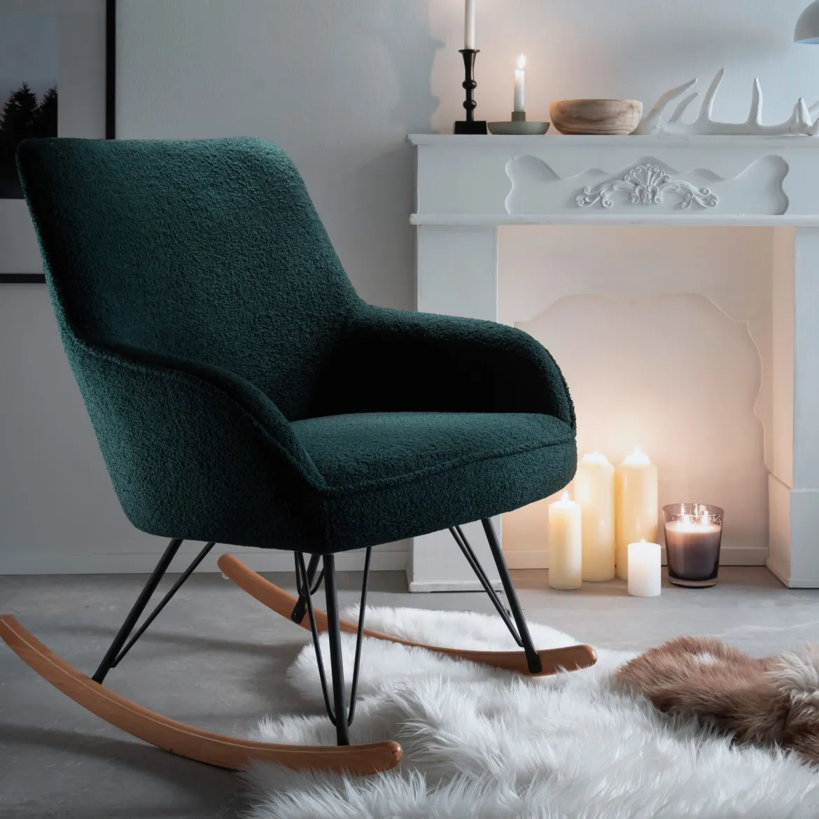 Fauteuil bouclette rocking chair avec pieds en hêtre - FA16024
