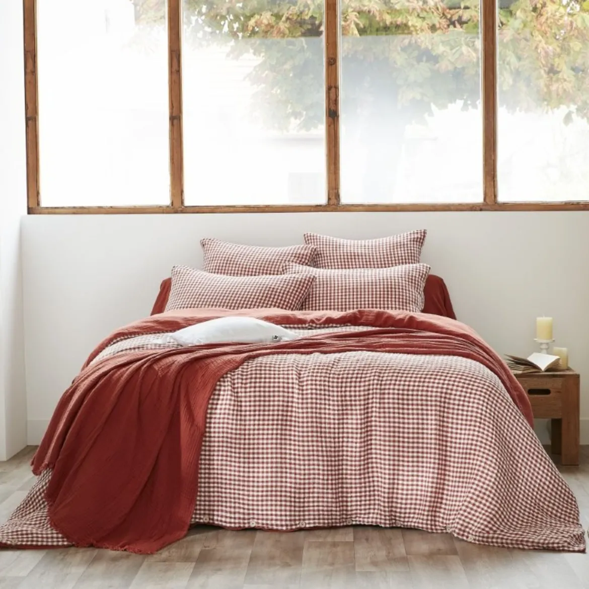 Housse de couette gaze de coton carreaux Terre de Nuit Vichy