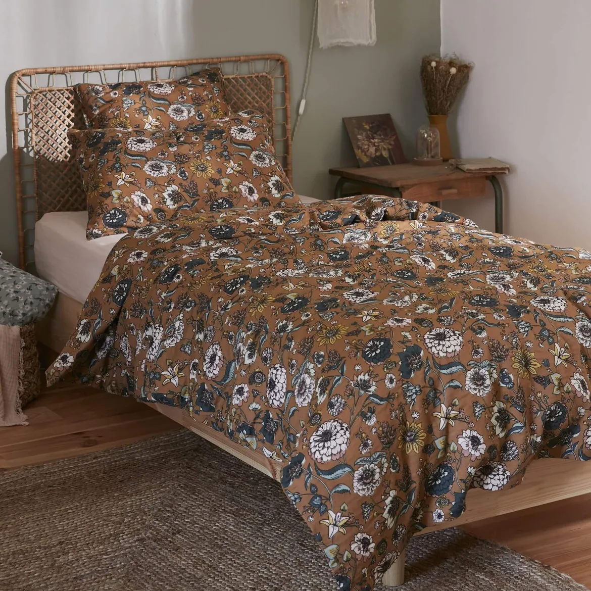 Housse de couette gaze de coton imprimé floral marron