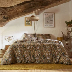 Housse de couette gaze de coton imprimé floral marron