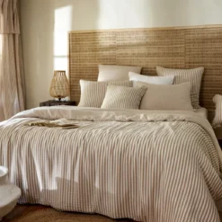 Housse de couette gaze de coton à rayures beige Terre de Nuit Ninon