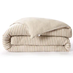 Housse de couette gaze de coton à rayures beige Terre de Nuit Ninon