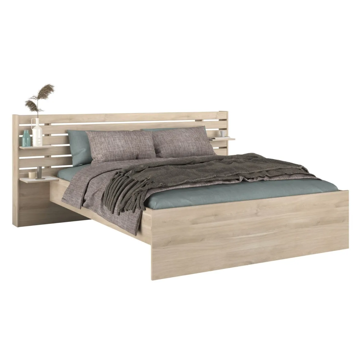 Lit adulte avec tête de lit et chevet en bois naturel CLEM