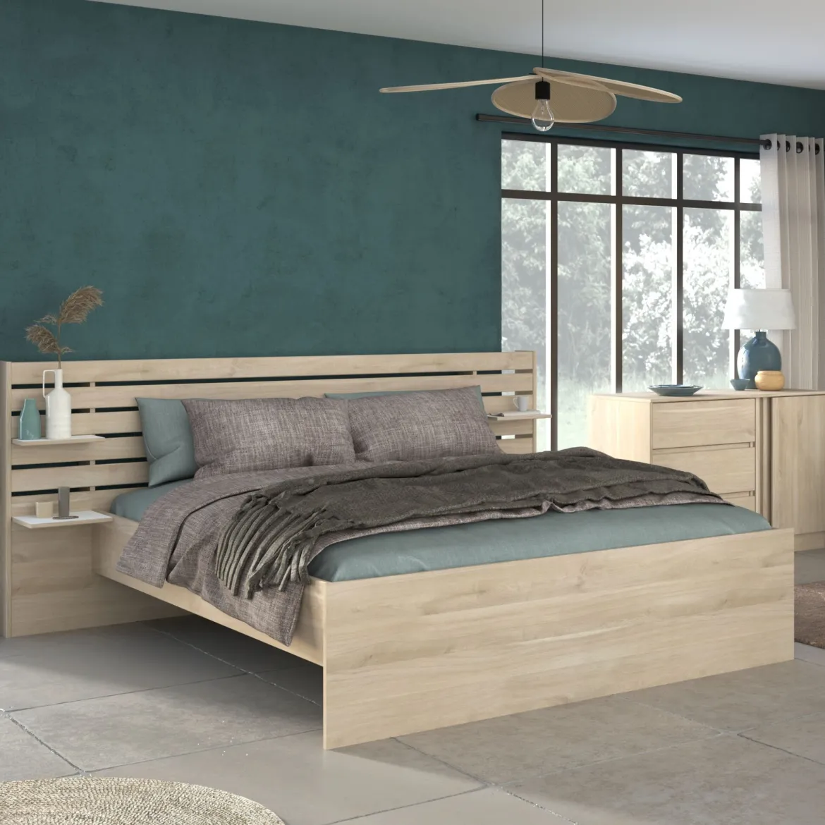 Lit adulte avec tête de lit et chevet en bois naturel CLEM