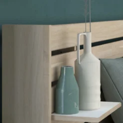 Lit adulte avec tête de lit et chevet en bois naturel CLEM