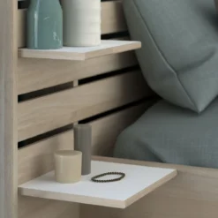 Lit adulte avec tête de lit et chevet en bois naturel CLEM