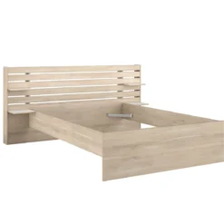Lit adulte avec tête de lit et chevet en bois naturel CLEM