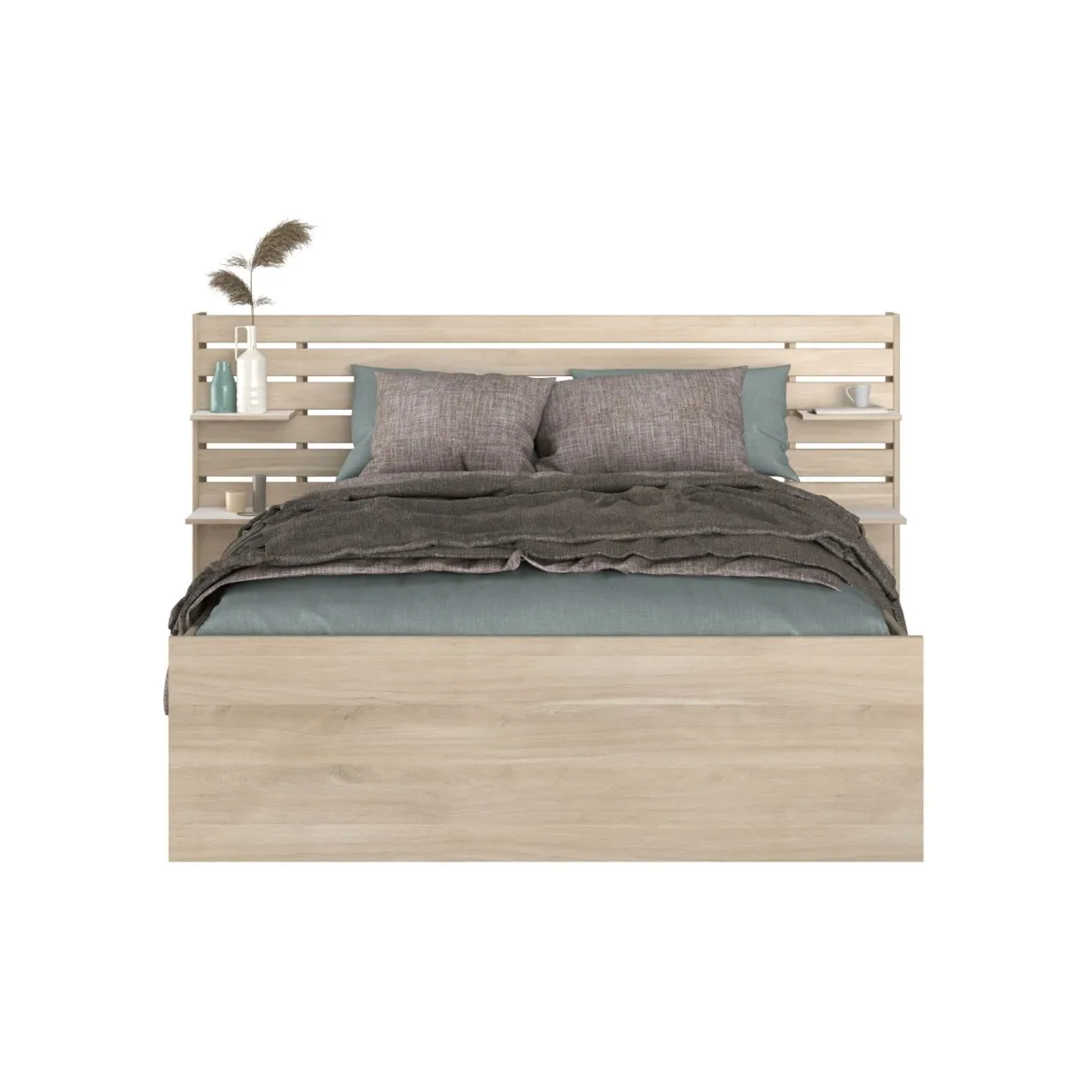Lit adulte avec tête de lit et chevet en bois naturel CLEM