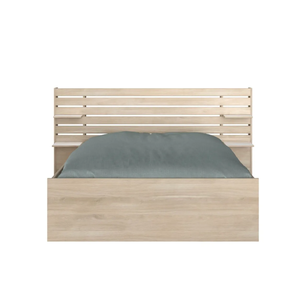 Lit adulte avec tête de lit et tiroirs bois naturel CLEM