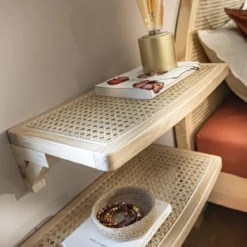 Lit adulte en pin massif avec véritable cannage + set de 2 planches de chevet cannage