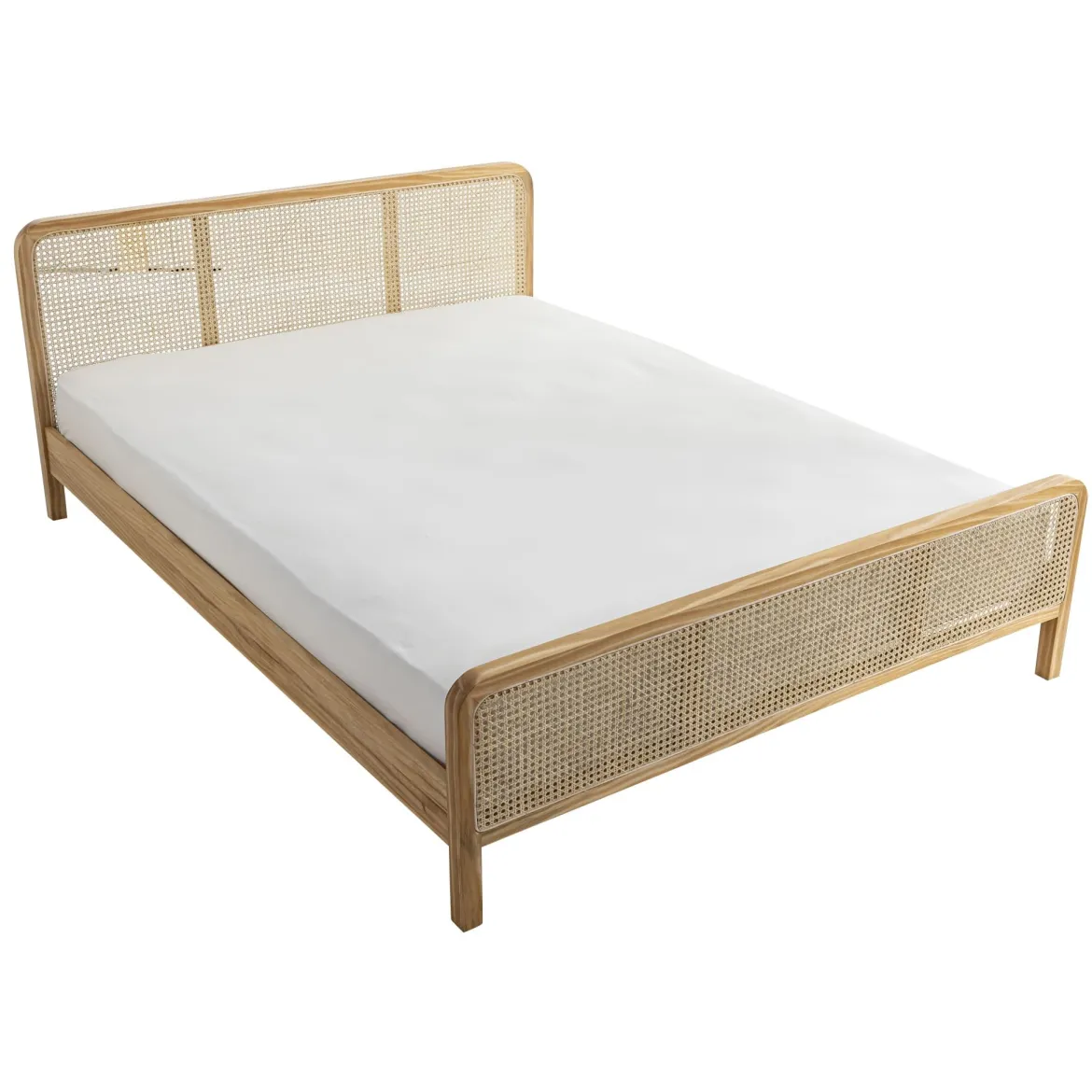Lit adulte en pin massif avec véritable cannage + set de 2 planches de chevet cannage