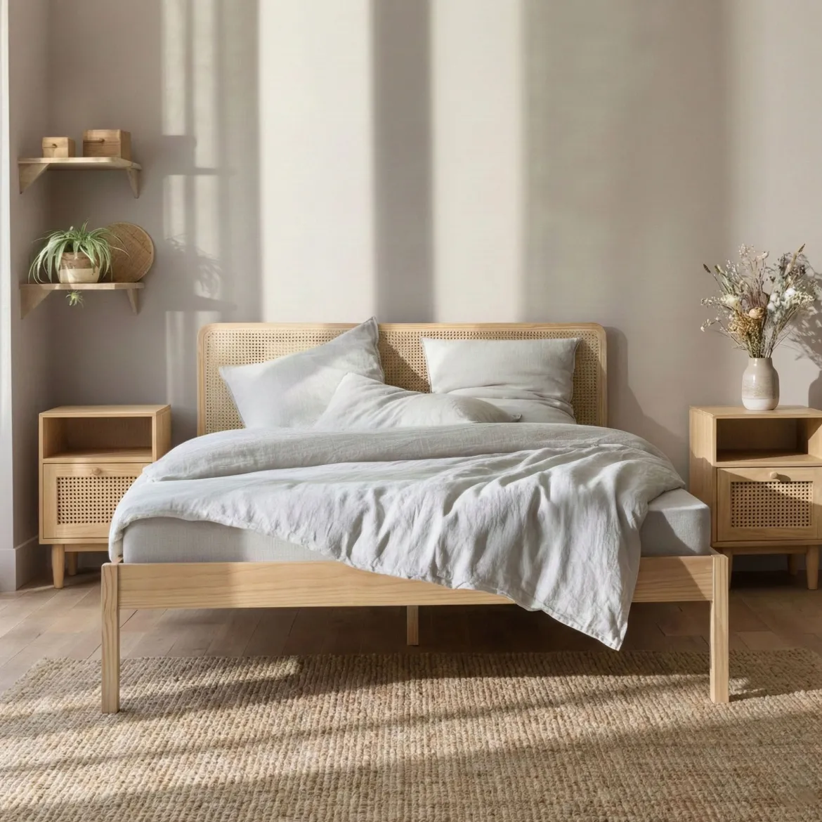 Lit adulte en pin massif tête de lit cannage + 2 chevets cannage ANNA