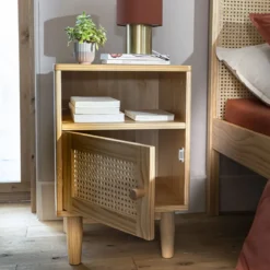 Lit adulte en pin massif tête de lit cannage + 2 chevets cannage ANNA