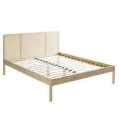 Lit adulte en pin massif tête de lit cannage + 2 chevets cannage ANNA