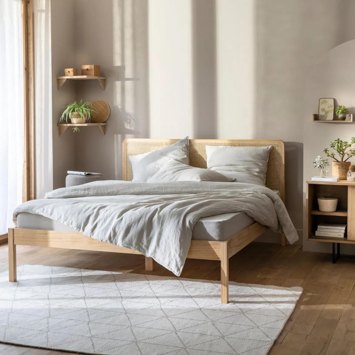 Lit adulte en pin massif tête de lit cannage + 2 chevets cannage ANNA