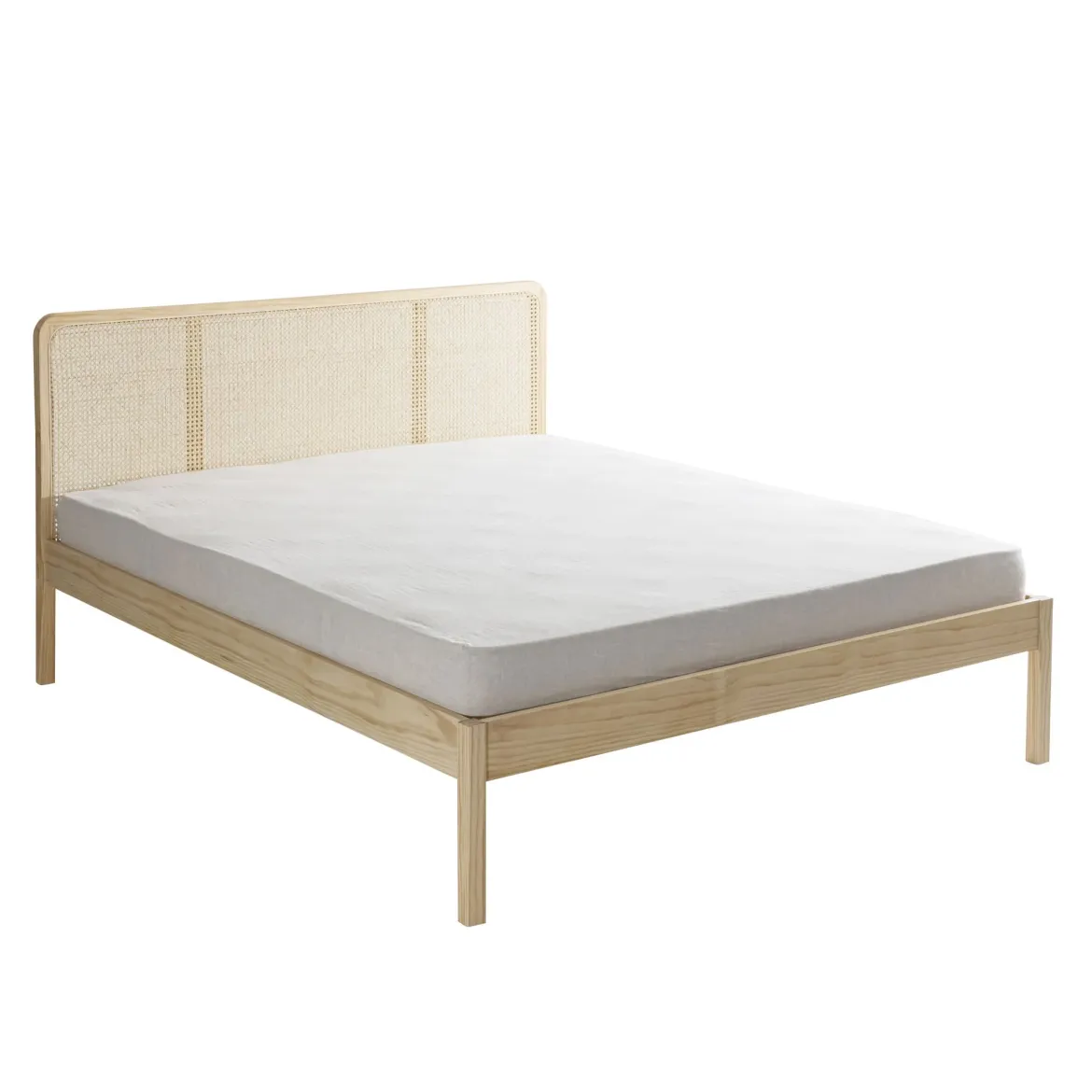 Lit adulte en pin massif tête de lit cannage + 2 chevets cannage ANNA