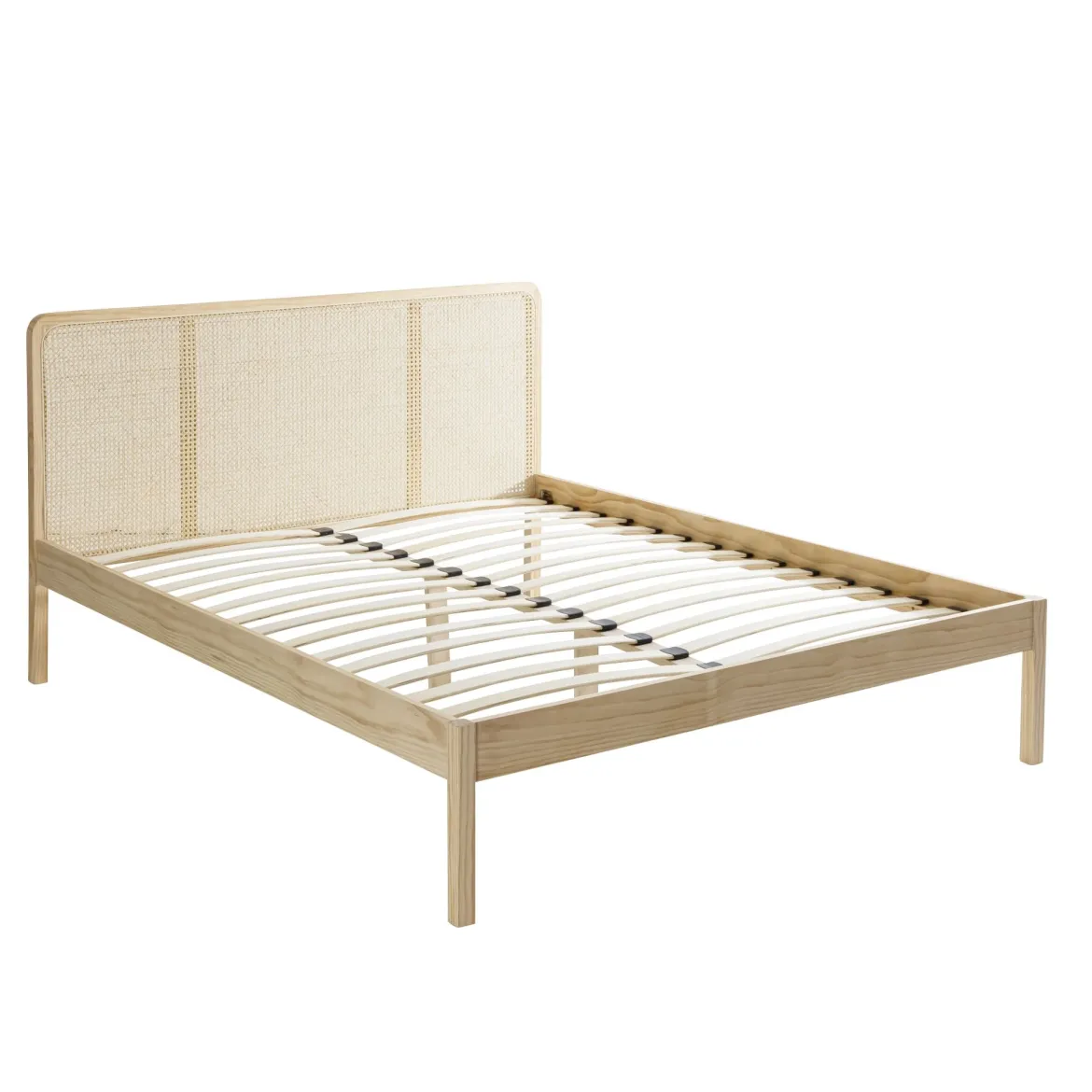 Lit adulte en pin massif tête de lit cannage + set de 2 chevets cannage ANNA