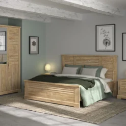 Lit avec 2 chevets en bois clair - LT5077