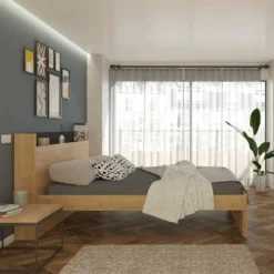 Lit avec tête de lit en bois imitation chêne - LI9051