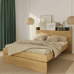 Lit avec tête de lit en bois imitation chêne - LI9051