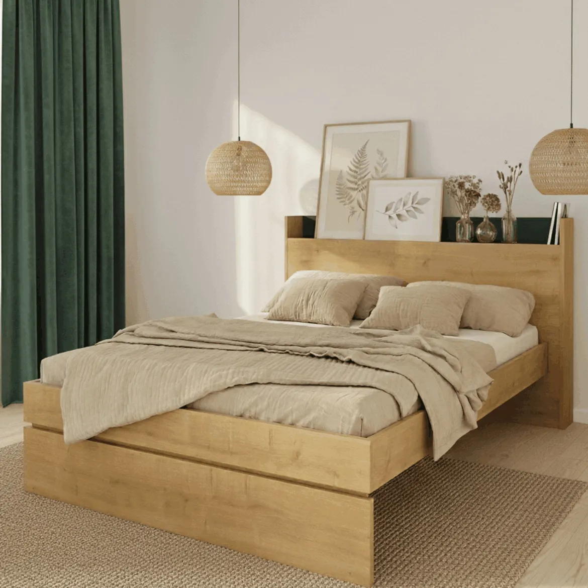 Lit avec tête de lit en bois imitation chêne - LI9051