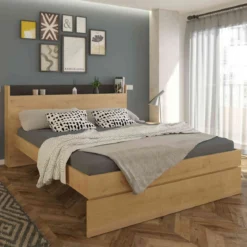 Lit avec tête de lit en bois imitation chêne - LI9051