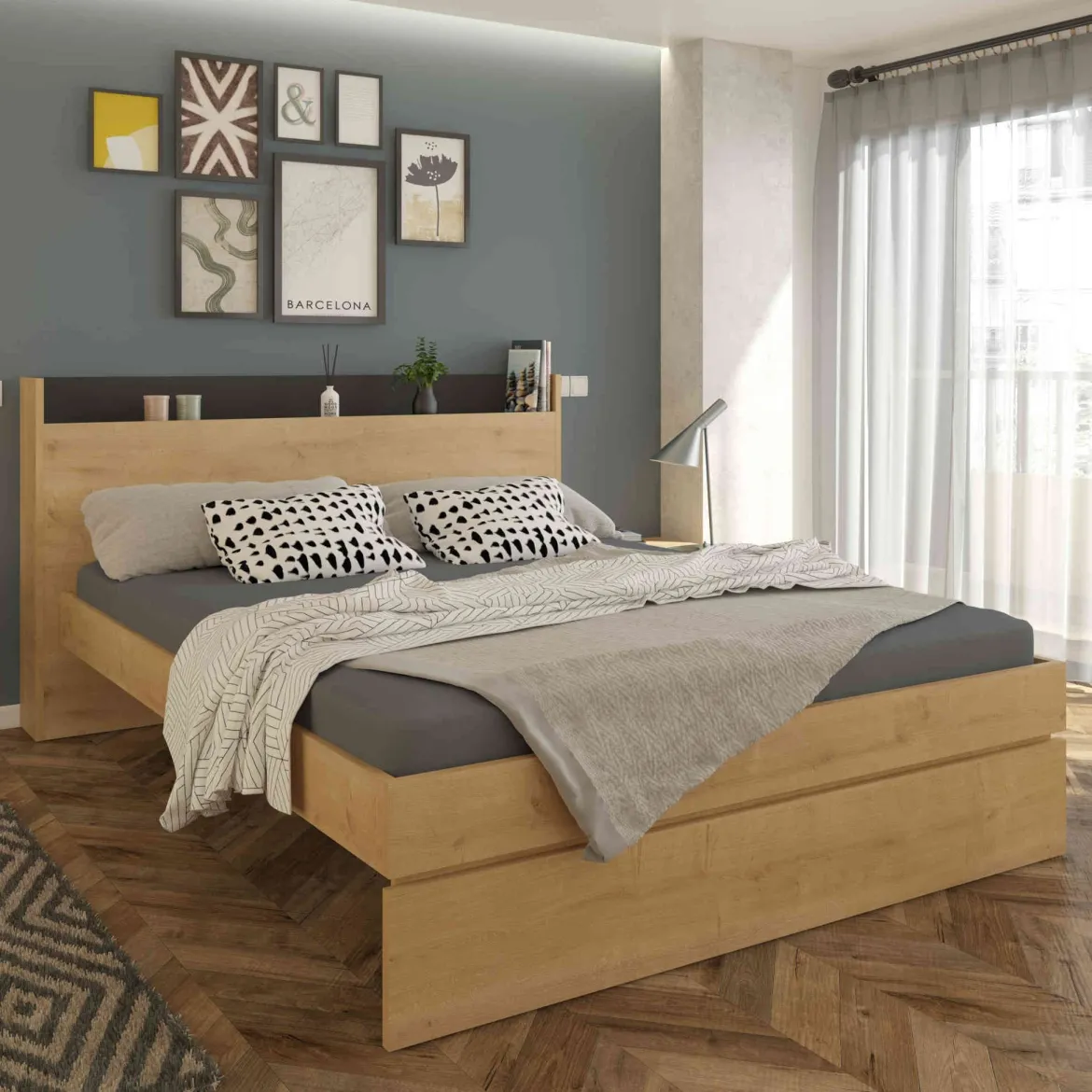 Lit avec tête de lit en bois imitation chêne - LI9051
